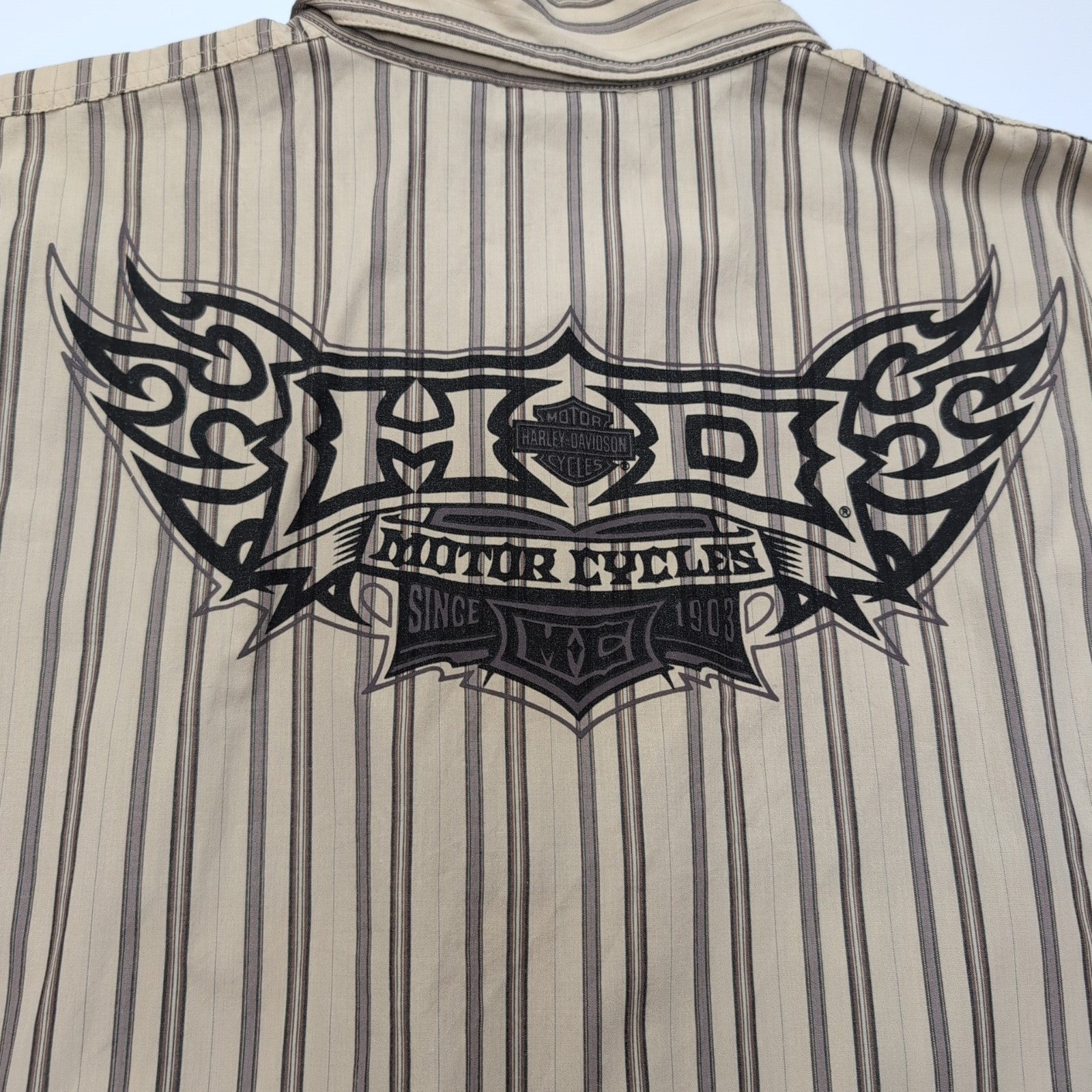 Chemise Harley Davidson XL Beige Rayures Brodée Dos Moto USA