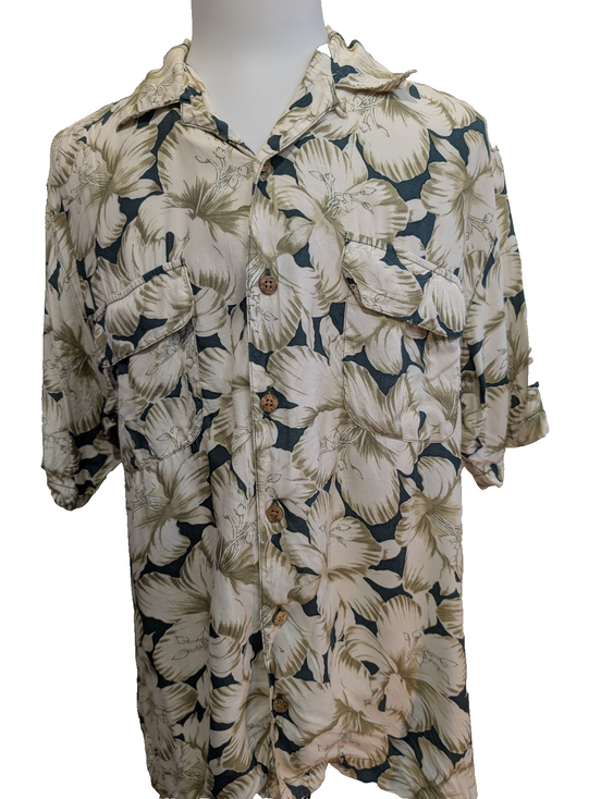 Chemise Hawaïenne TOMMY BAHAMA Beige & Vert Motifs Fleuris - Taille M