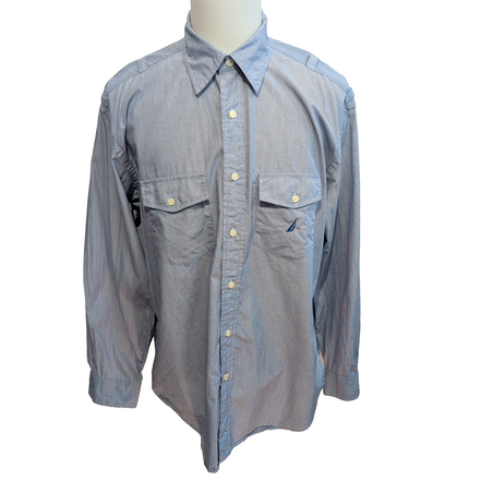 Chemise Nautica L Bleue Rayures 2 Poches 100% Coton Manches Longues