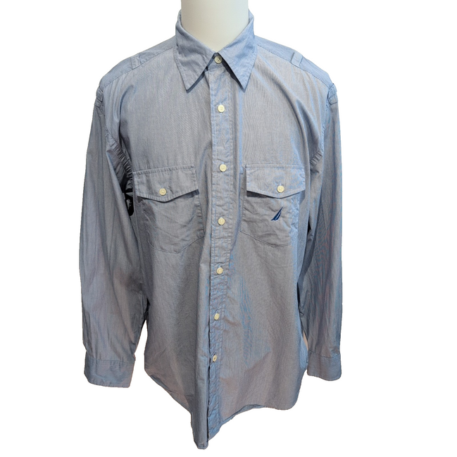 Chemise Nautica L Bleue Rayures 2 Poches 100% Coton Manches Longues