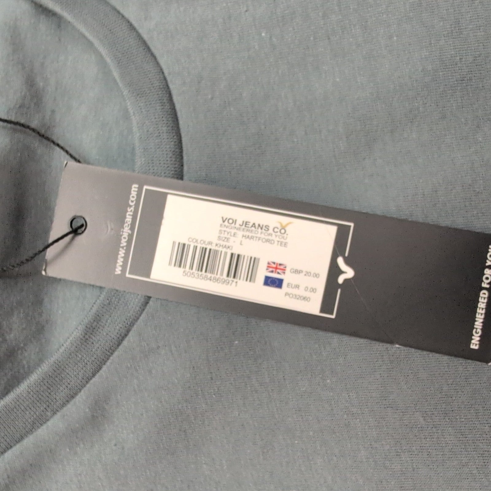 T-shirt VOI Jeans Co Taille L Gris Logo Brodé Doré 100% Coton Neuf Étiquette