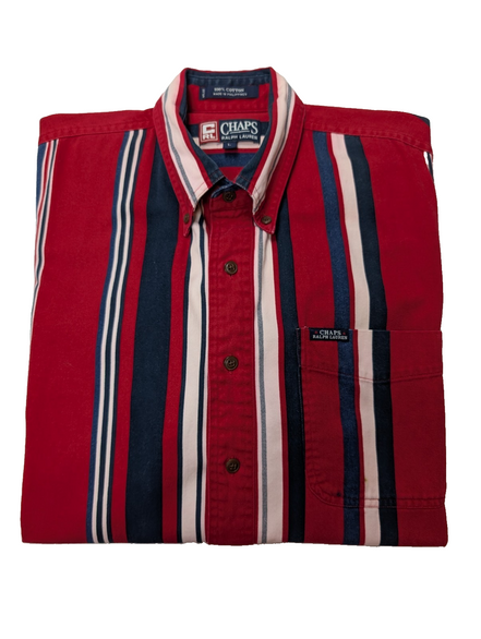 Chemise CHAPS Ralph Lauren rouge rayures shirt button down coton L