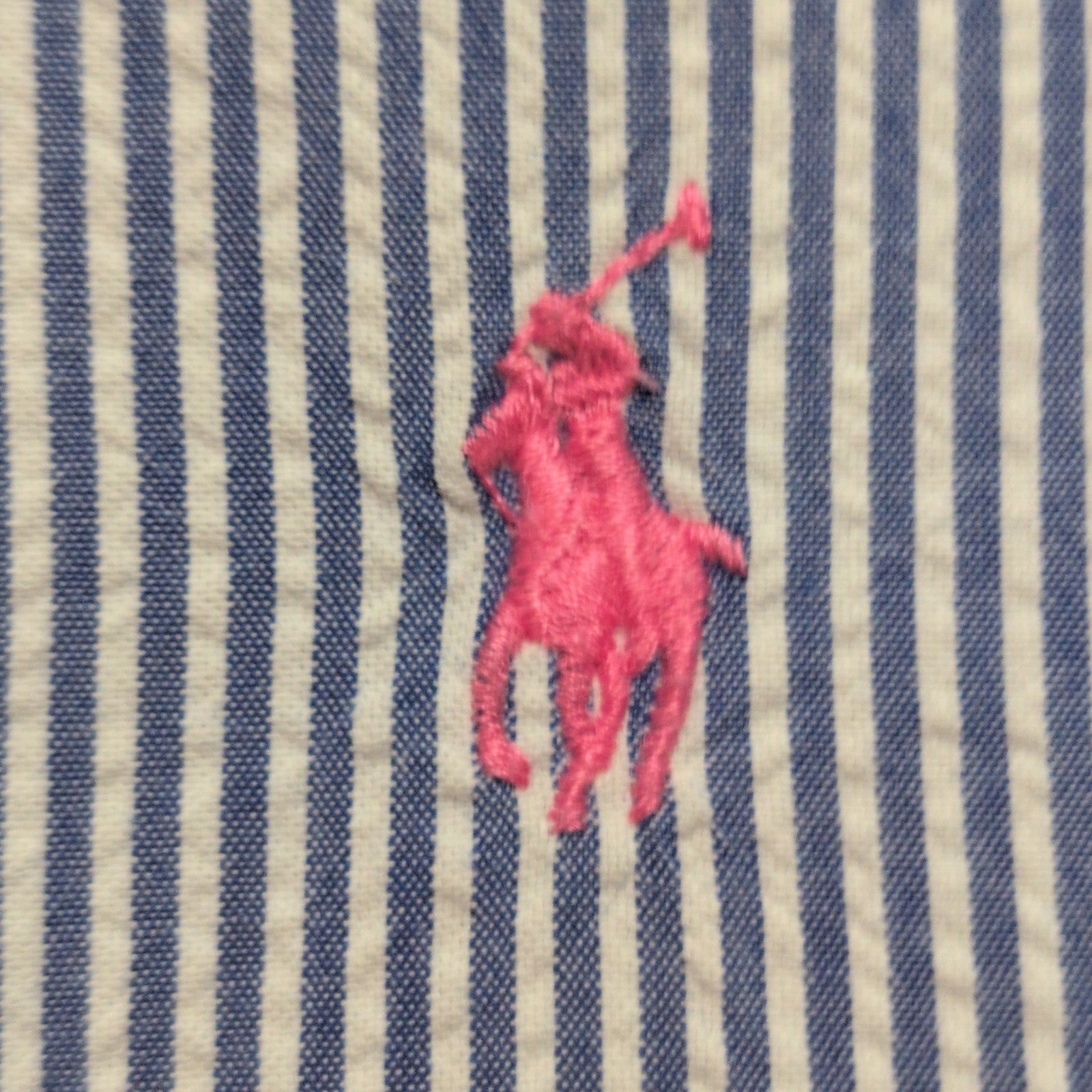 Chemise Ralph Lauren M Bleu Rayures Gauffrées Logo Rose manches courtes