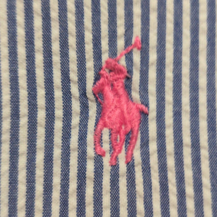 Chemise Ralph Lauren M Bleu Rayures Gauffrées Logo Rose manches courtes