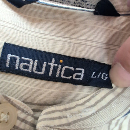 Chemise Nautica Made in USA LG Marron Rayures Col Mao 100% Coton