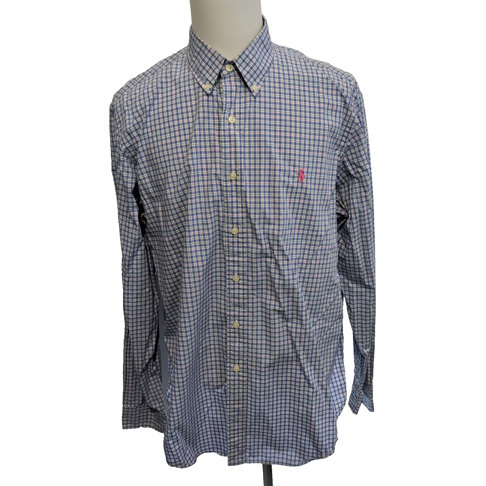 Chemise Ralph Lauren XL Bleue Carreaux Logo Rose Manches Longues Coton