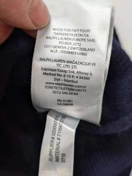 Pull Polo Ralph Lauren 100% Laine Mérinos Bleu Marine Col V - Taille 3XL