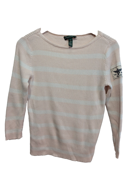 Pull femme LAUREN Ralph Lauren rose blanc rayures écusson taille S