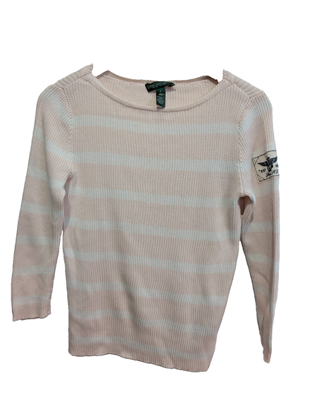 Pull femme LAUREN Ralph Lauren rose blanc rayures écusson taille S