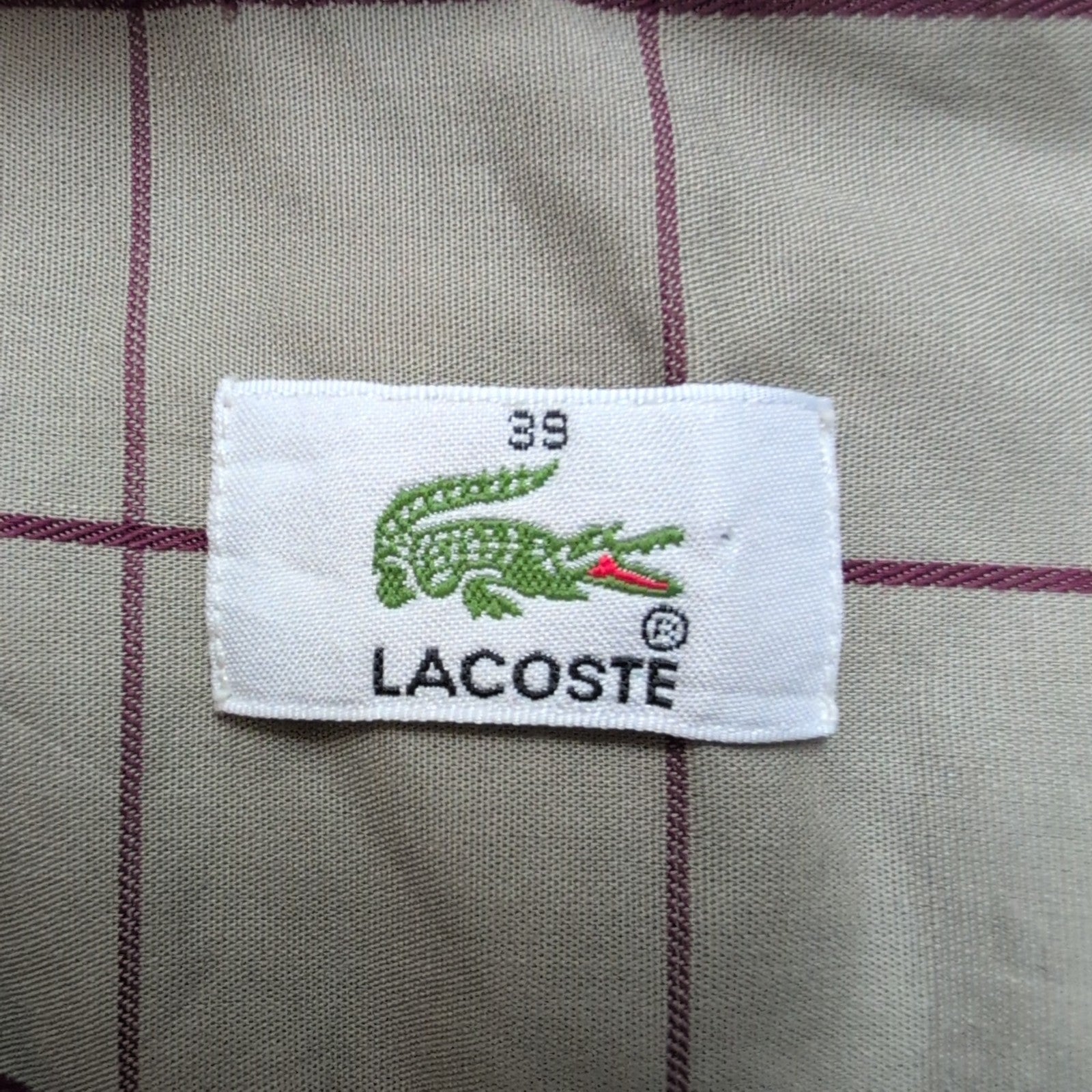 Chemise Lacoste 39 Kaki Clair Carreaux Bordeaux Poche manches longues