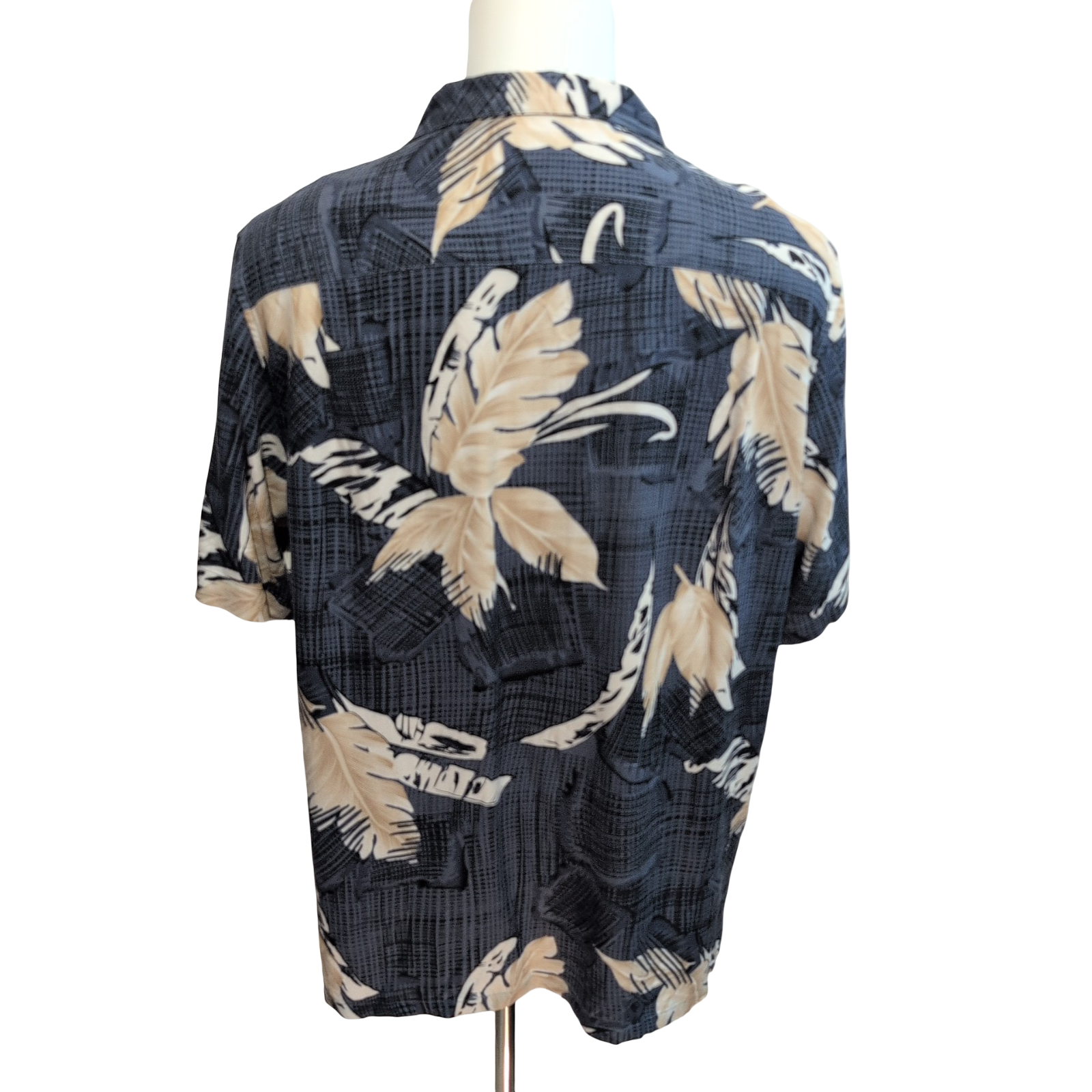 Chemise hawaïenne Island Republic L bleu beige feuillage 55% soie 45% rayonne