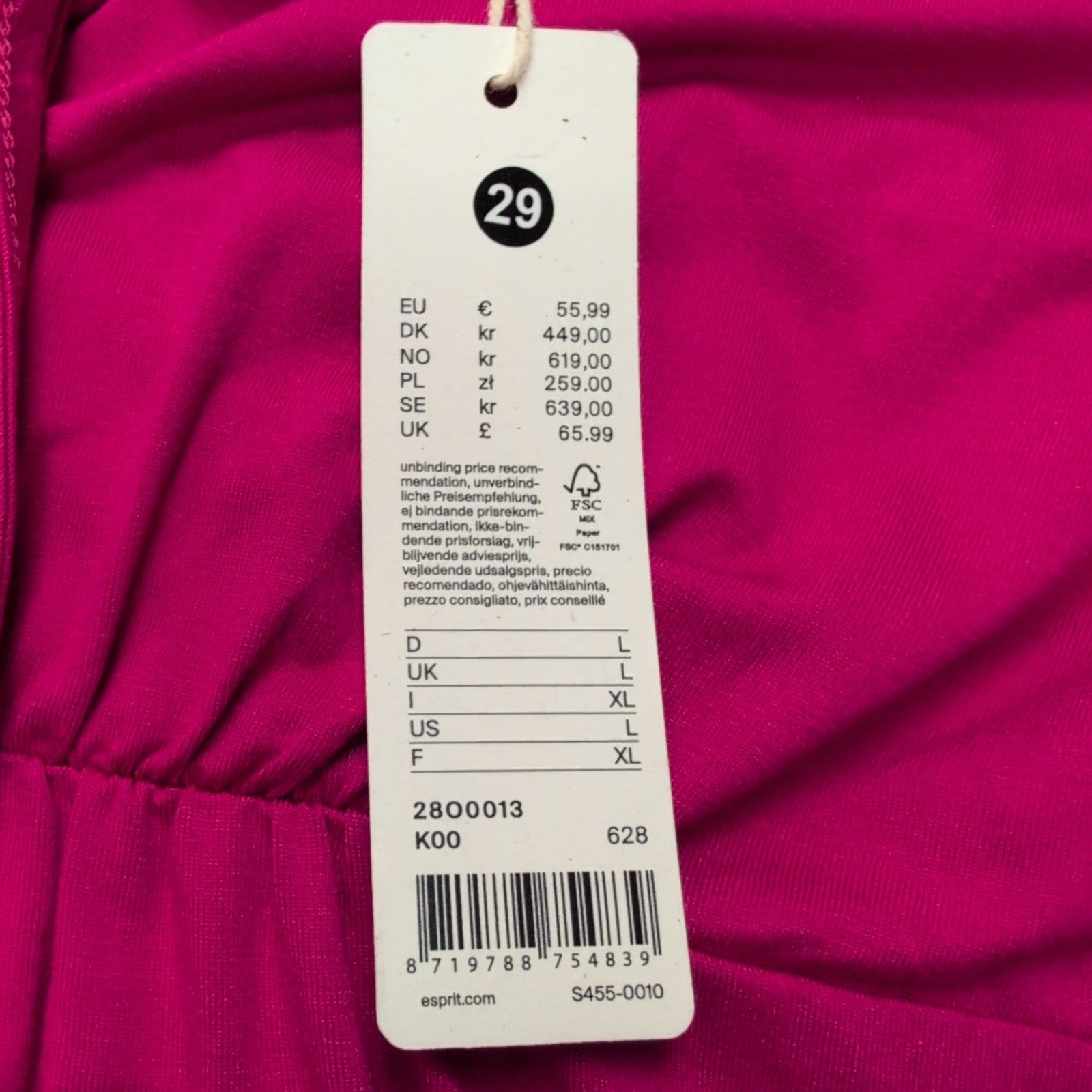 Haut Tunique Esprit Femme XL Rose Fuchsia Décolleté V Manches Longues Neuf
