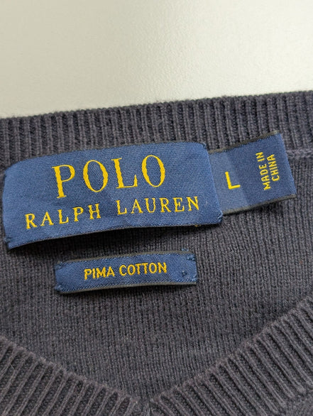 Pull Polo Ralph Lauren Bleu Marine Logo Rouge - 100% Coton Pima - Taille L