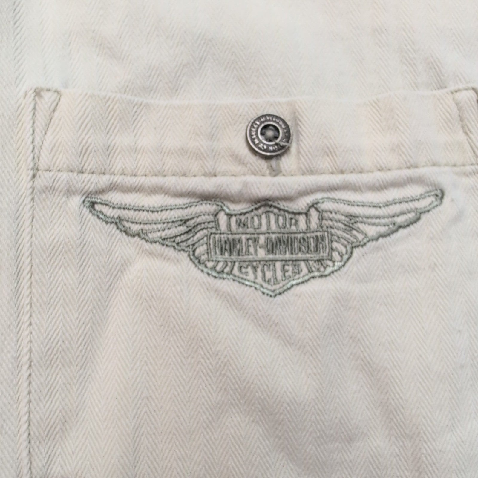 Chemise Harley-Davidson L Blanc Cassé Coton Épais Chevrons 2 Poches Brodée