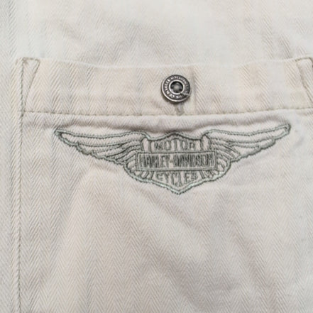 Chemise Harley-Davidson L Blanc Cassé Coton Épais Chevrons 2 Poches Brodée