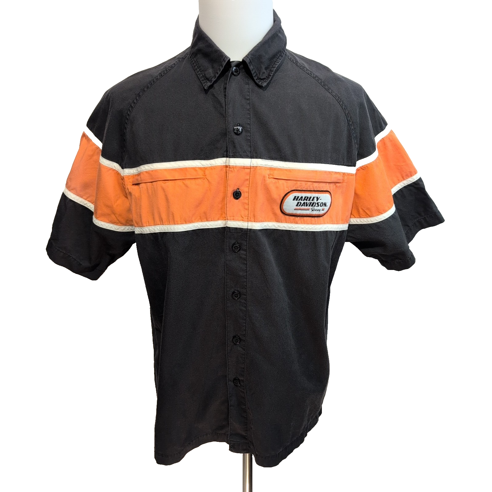 Chemise Harley Davidson noire orange brodée dos coton manches courtes L