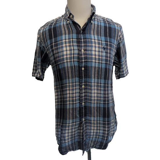 Chemise Ralph Lauren S Classic Fit 100% Lin Bleue Carreaux Manches Courtes