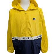 Blouson Levis Homme L Coupe-Vent Nylon Capuche Jaune Bleu Marine Veste Fine Neuf