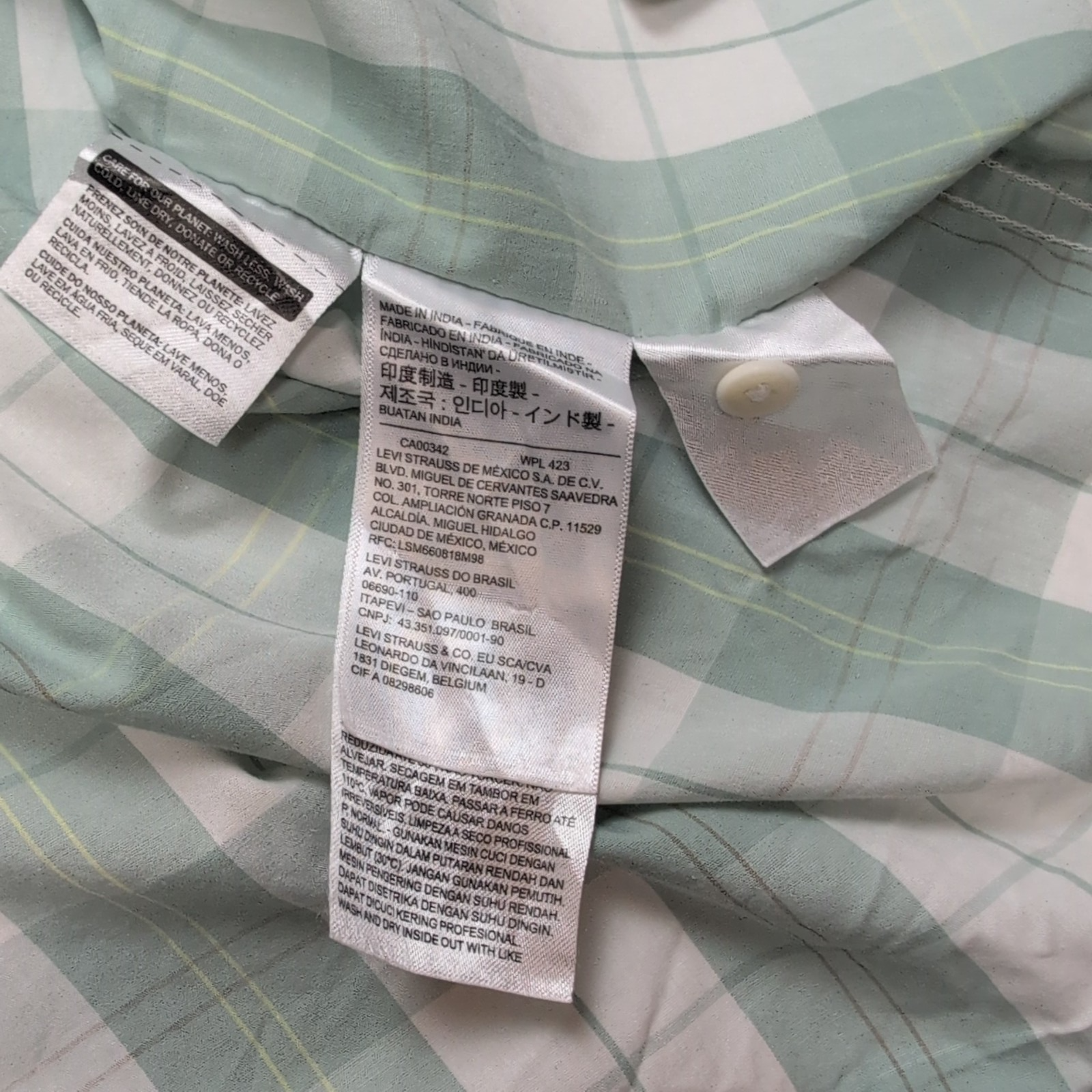 Chemise LEVI'S Homme XL Vert Pâle à Carreaux Manches Courtes Poche