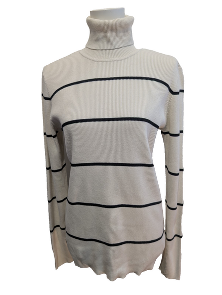 Pull Ralph Lauren (Lauren) Femme XL Col Roulé Rayé Blanc Cassé Noir Plaque Logo