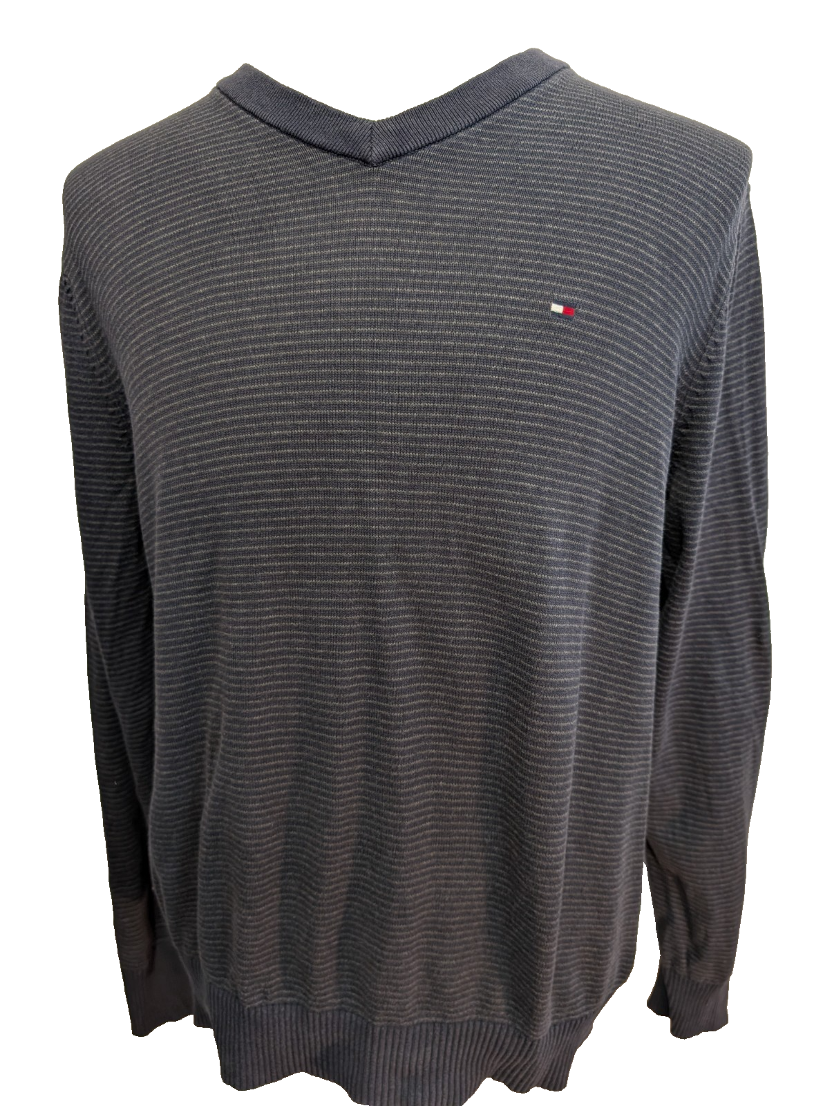 Pull Tommy Hilfiger Homme Col V Marine & Gris - 100% Coton - Taille M