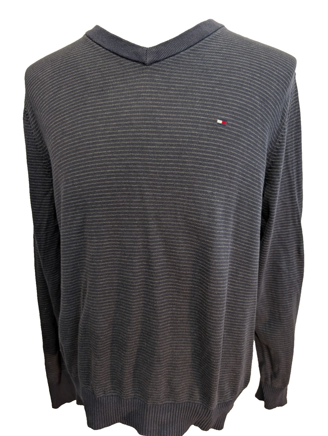 Pull Tommy Hilfiger Homme Col V Marine & Gris - 100% Coton - Taille M