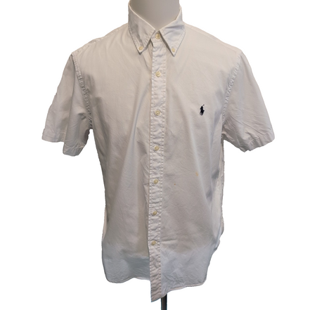 Chemise Ralph Lauren L blanc uni manches courtes logo bleu marine coton