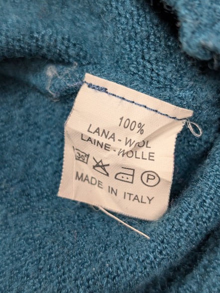 Pull Fred Perry Femme L Bleu Vert 100% Laine Made in Italy Logo Argenté