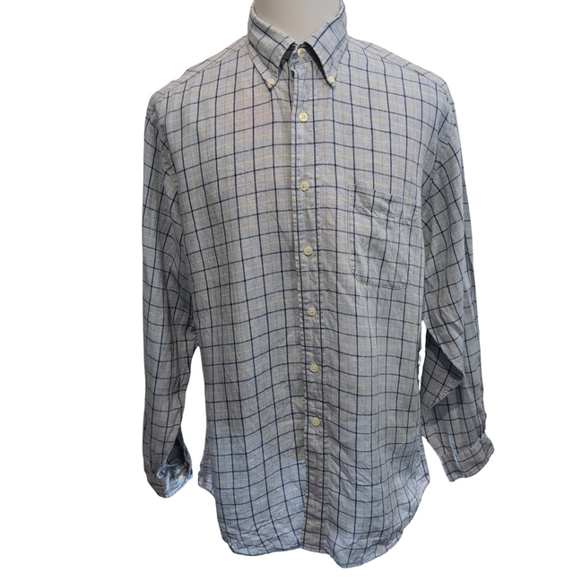 Chemise Brooks Brothers L Bleu Carreaux 100% Irish Linen Lin Made Hong Kong