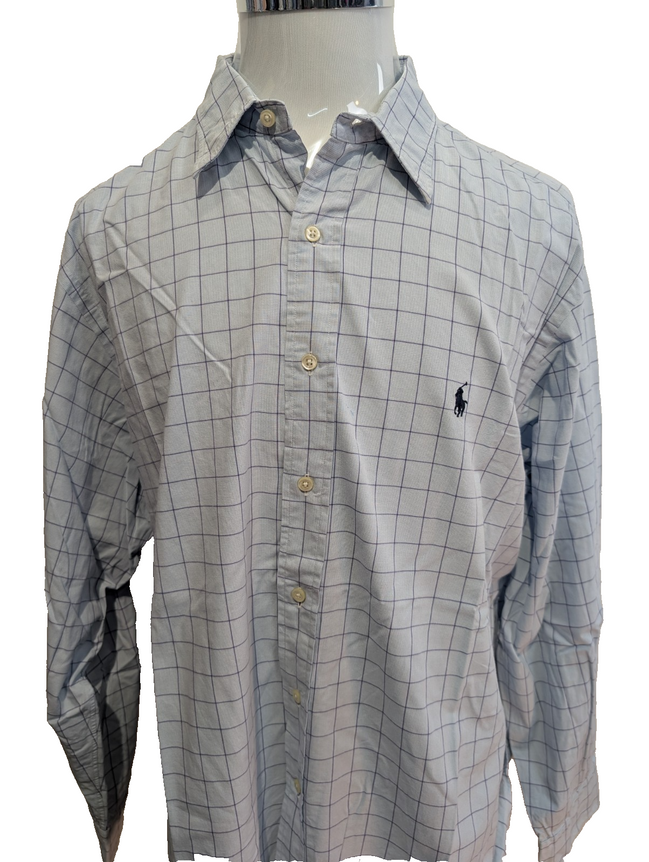 Chemise Polo Ralph Lauren Shirt XXL Carreaux Bleu Clair Blanc Col Classique