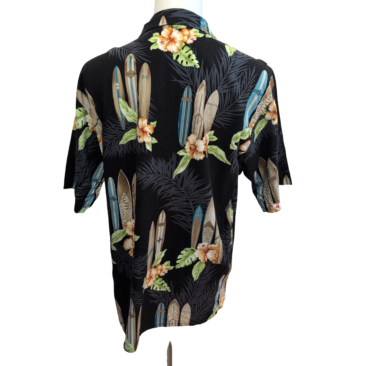 Chemise Hawaïenne JFF Coton Noir Surf Floral L Made in USA