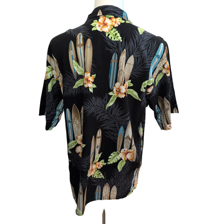 Chemise Hawaïenne JFF Coton Noir Surf Floral L Made in USA