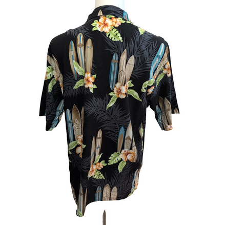 Chemise Hawaïenne JFF Coton Noir Surf Floral L Made in USA