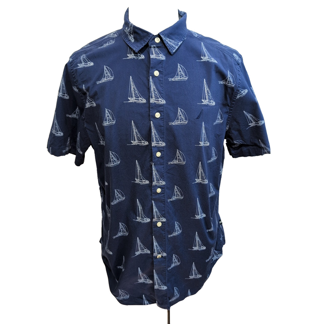 Chemise Nautica L Bleu Marine Motif Voiliers Stretch Manches Courtes