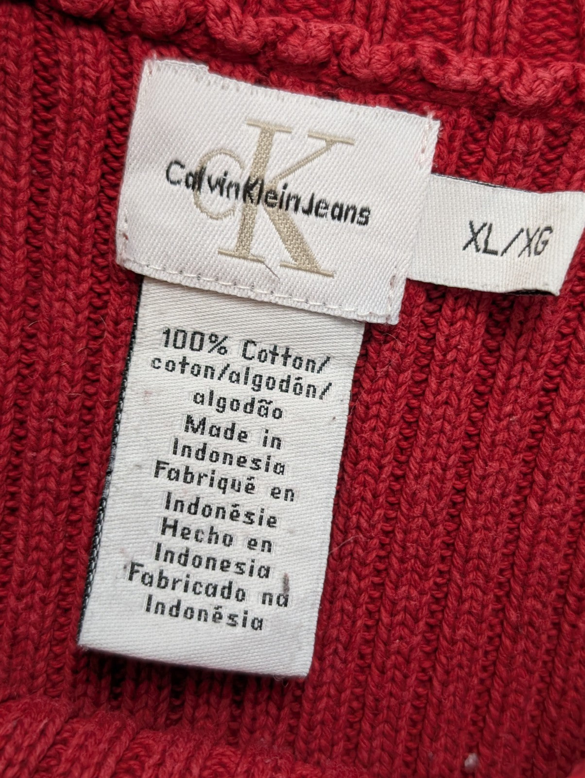 Pull Col Rond Calvin Klein Rouge & Bleu Marine Maille Gaufrée - Taille XL