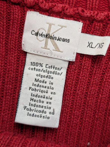 Pull Col Rond Calvin Klein Rouge & Bleu Marine Maille Gaufrée - Taille XL