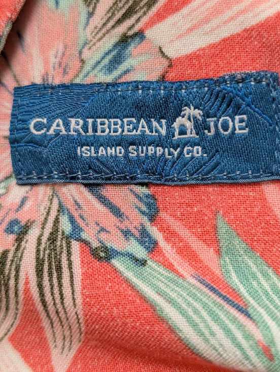 Chemise Hawaïenne Caribbean Joe Rayon Rouge Clair & Fleurs Vertes - Taille M