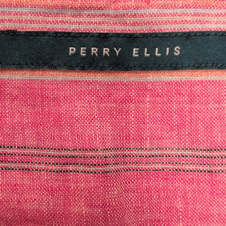 Chemise Perry Ellis 100% Lin Rose Rayures Manches Courtes Taille L