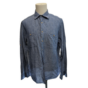 Chemise Joseph Abboud L 100% Lin Bleu Chiné Manches Retroussables