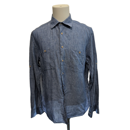 Chemise Joseph Abboud L 100% Lin Bleu Chiné Manches Retroussables