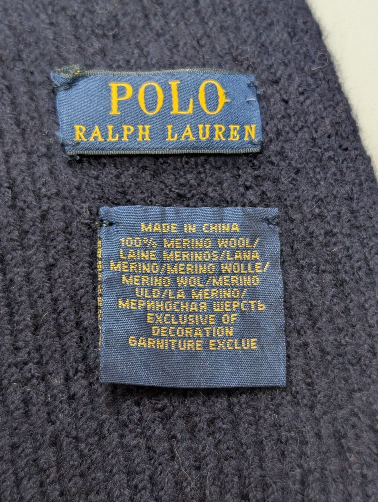 Écharpe Polo Ralph Lauren Bleu Marine 100% Laine Mérinos Logo Rouge