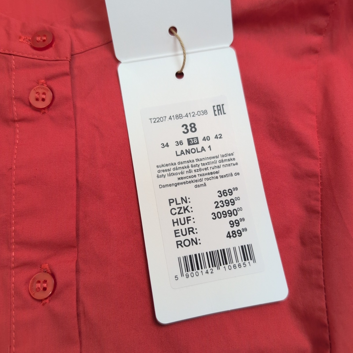 Robe TATUUM Lanola T38 Rouge Pâle Coton Manches Longues Neuve Étiquette