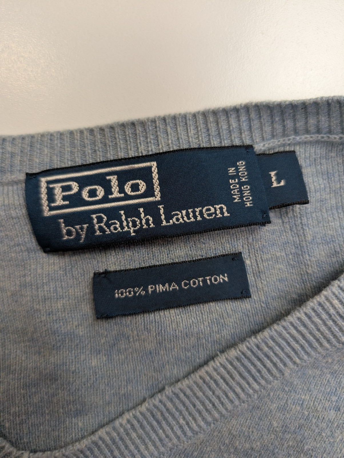Pull Fin Polo Ralph Lauren Bleu Col V Taille L 100% Pima Coton Logo Jaune