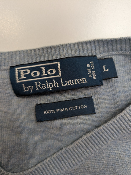 Pull Fin Polo Ralph Lauren Bleu Col V Taille L 100% Pima Coton Logo Jaune