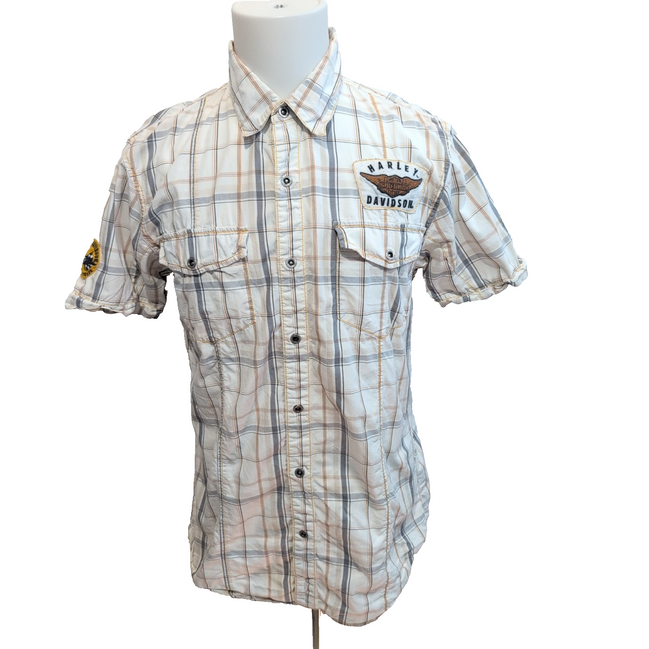 Chemise Harley-Davidson L Carreaux Blanc Cassé Logo Brodé manches courtes