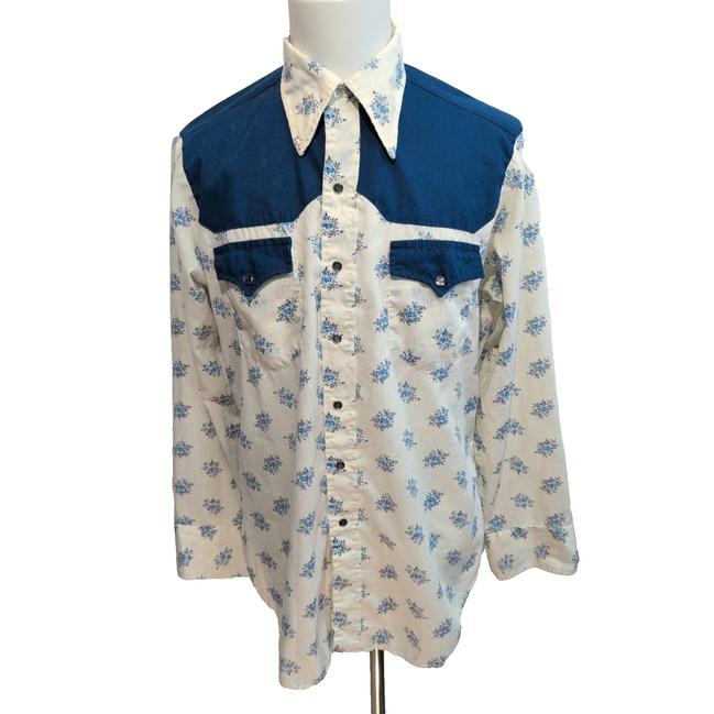Chemise SEARS Western Vintage Taille L/XL Fleurie Grand Col Pointe