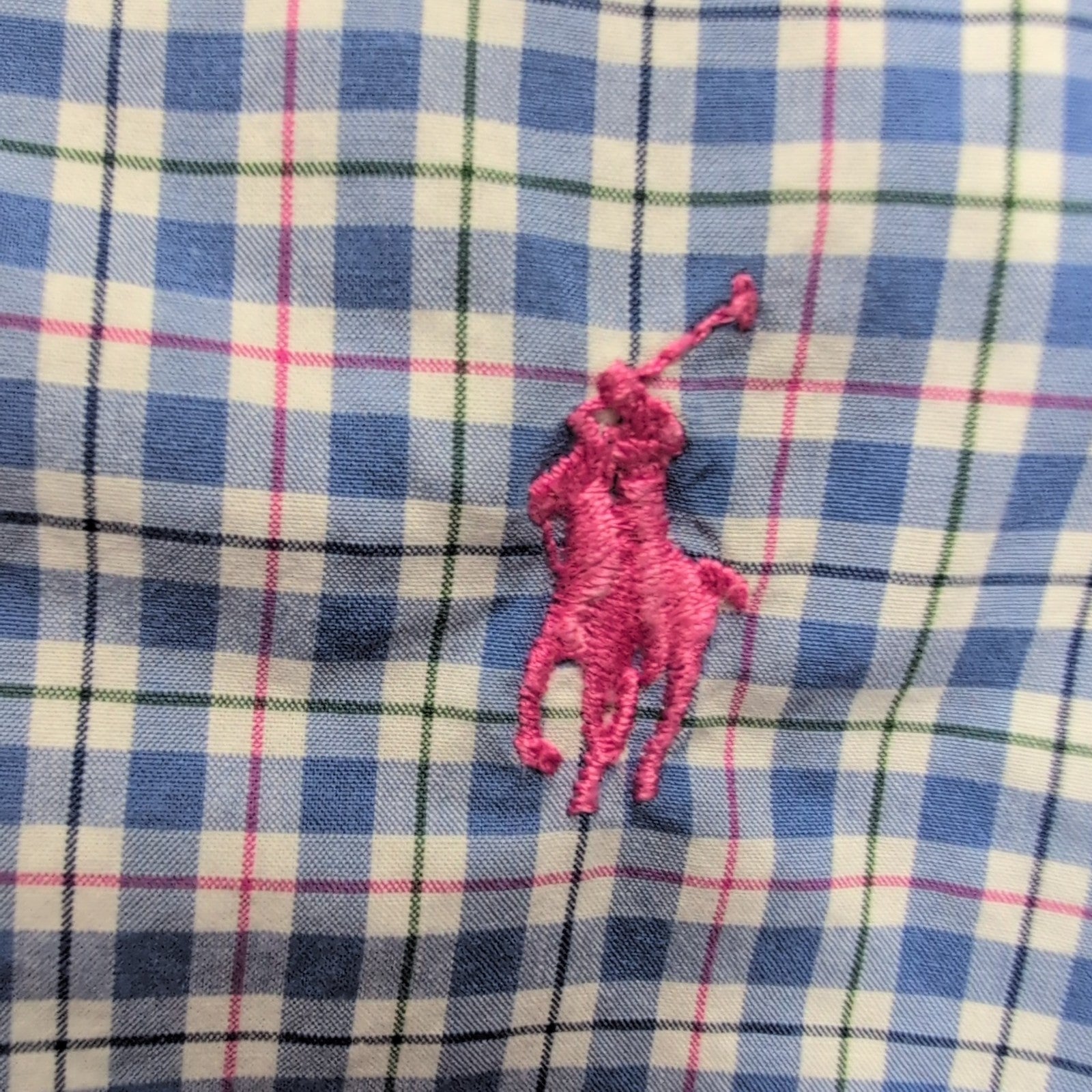 Chemise Ralph Lauren XL Bleue Carreaux Logo Rose Manches Longues Coton