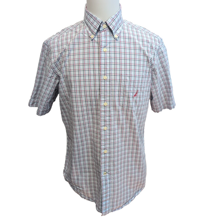 Chemise Nautica M Bleu Carreaux Rouge Noir Coton Logo Brodé Manches Courtes