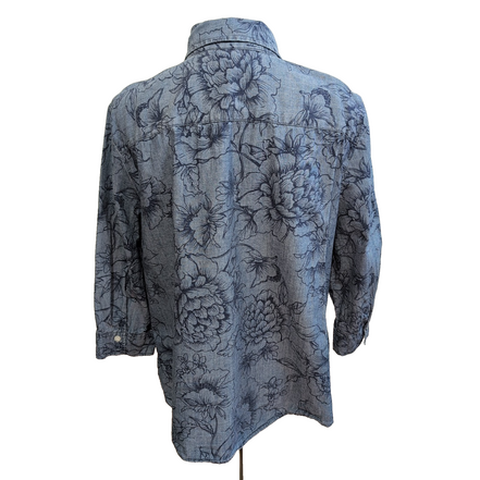 Chemise Karen Scott XL Bleu Effet Jean Fleurs Coton Poche Manches 3/4