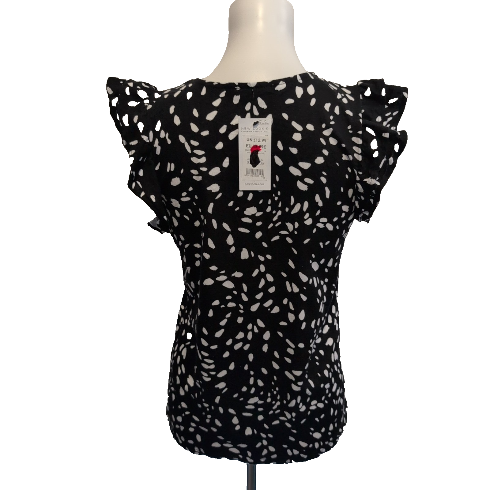 Haut Femme New Look Taille 36 Noir Blanc Volants Sans Manches Neuf Étiquette